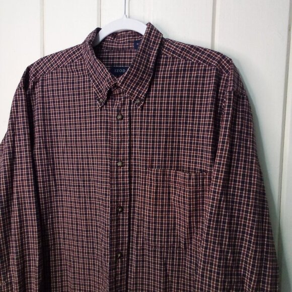 Izod Shirt Men L Button Down Long Sleeve Plaid Black Red - Picture 9 of 14